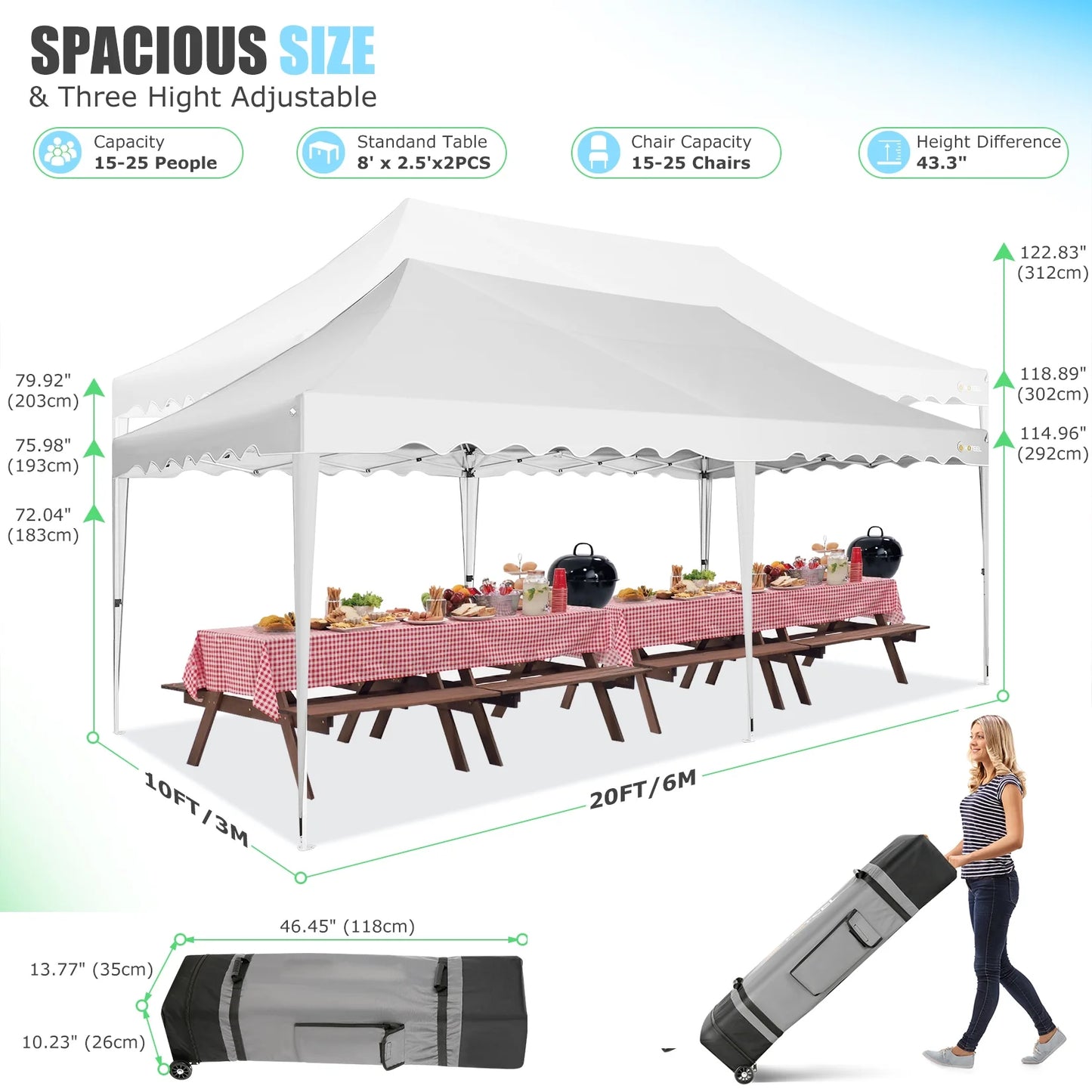 HOTEEL Canopy 10'x20' Pop Up Canopy Tent Heavy Duty Waterproof Adjustable Commercial Instant Canopy Outdoor Party Canopy Parties,Wedding,Outside Patio,Event,Backyard,White