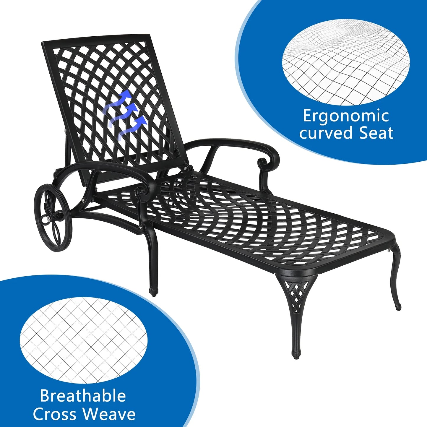 Zimtown Cast Aluminum Lounge Chair Adjustable Patio Recliner, Patio Chaise Chair, Heavy Duty Lying Bed for Garden, Poolside, Yard, Lawn, Black