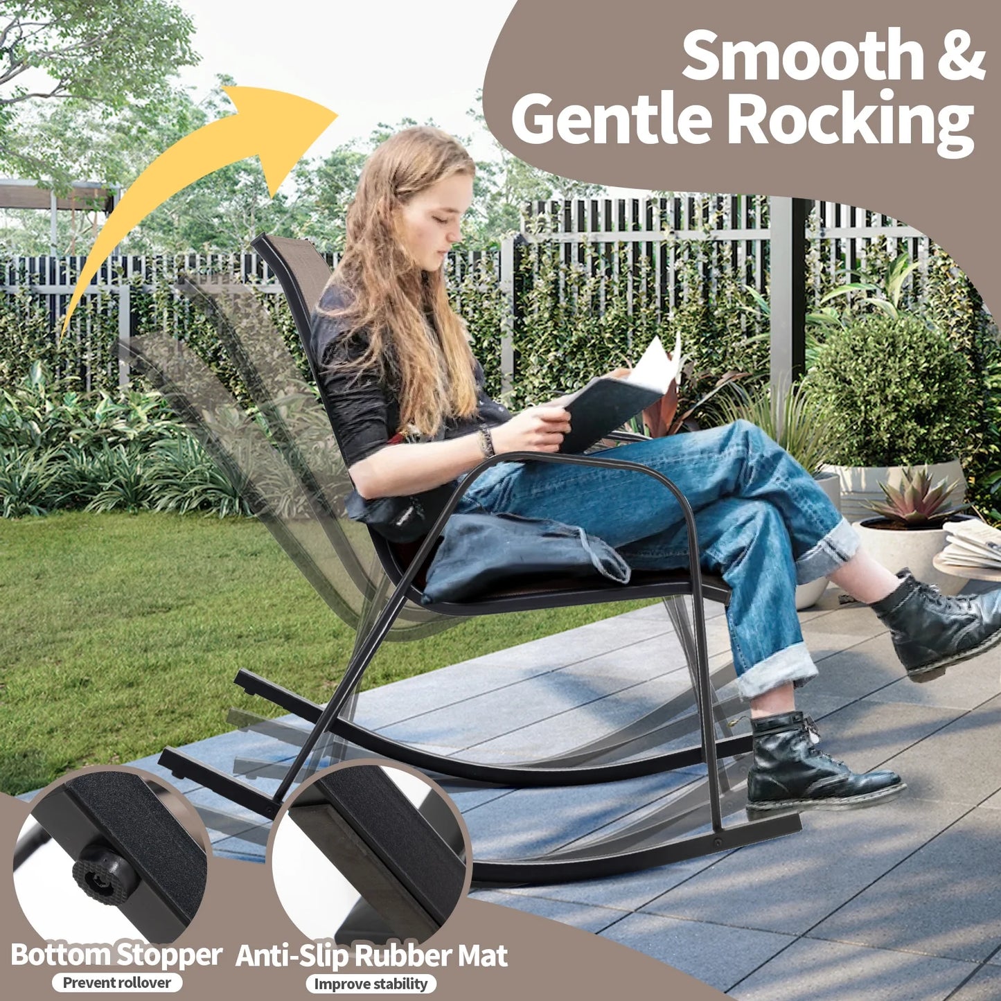 Costway 2 PCS Patio Rocking Chair Heavy-Duty Metal Rocker Outdoor Anti-Slip Brown