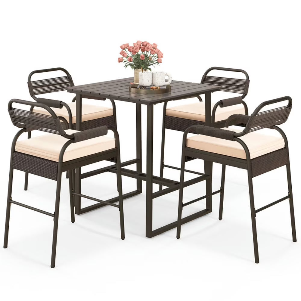 Spaco 5 Piece Rattan Counter Set with 4 Stools and Polywood Bar Table, Outdoor Chairs, Patio Chair, Outdoor Patio Furniture-Brown