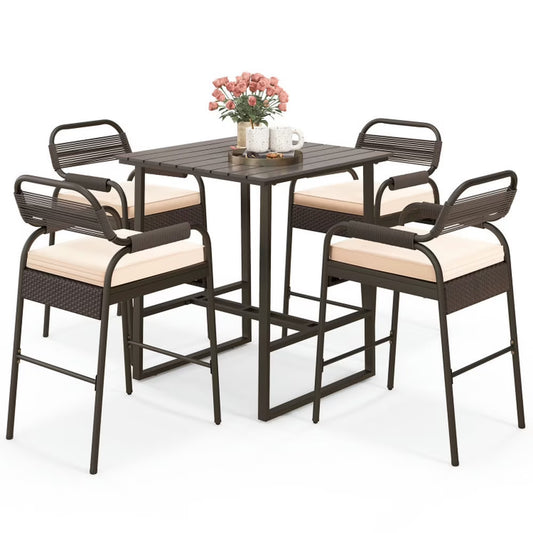 Spaco 5 Piece Rattan Counter Set with 4 Stools and Polywood Bar Table, Outdoor Chairs, Patio Chair, Outdoor Patio Furniture-Brown