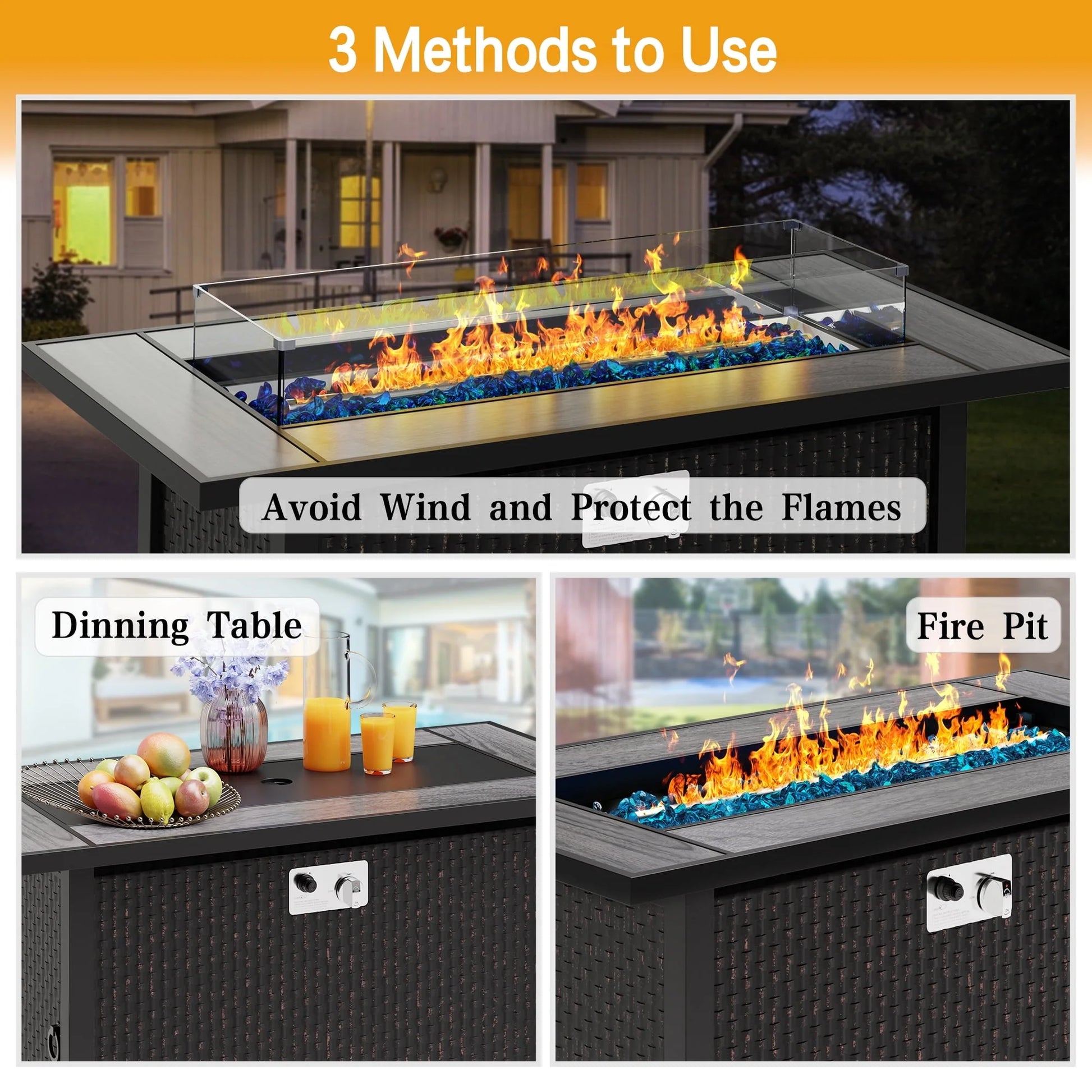 Sobaniilo Fire Pit 45in Propane Fire Pit with Rain Cover and Lava Rock, Outdoor Firepit Table 50000 BTU 3-in-1 Fire Table for Patio/Yard/Balcony, Rectangular, Black