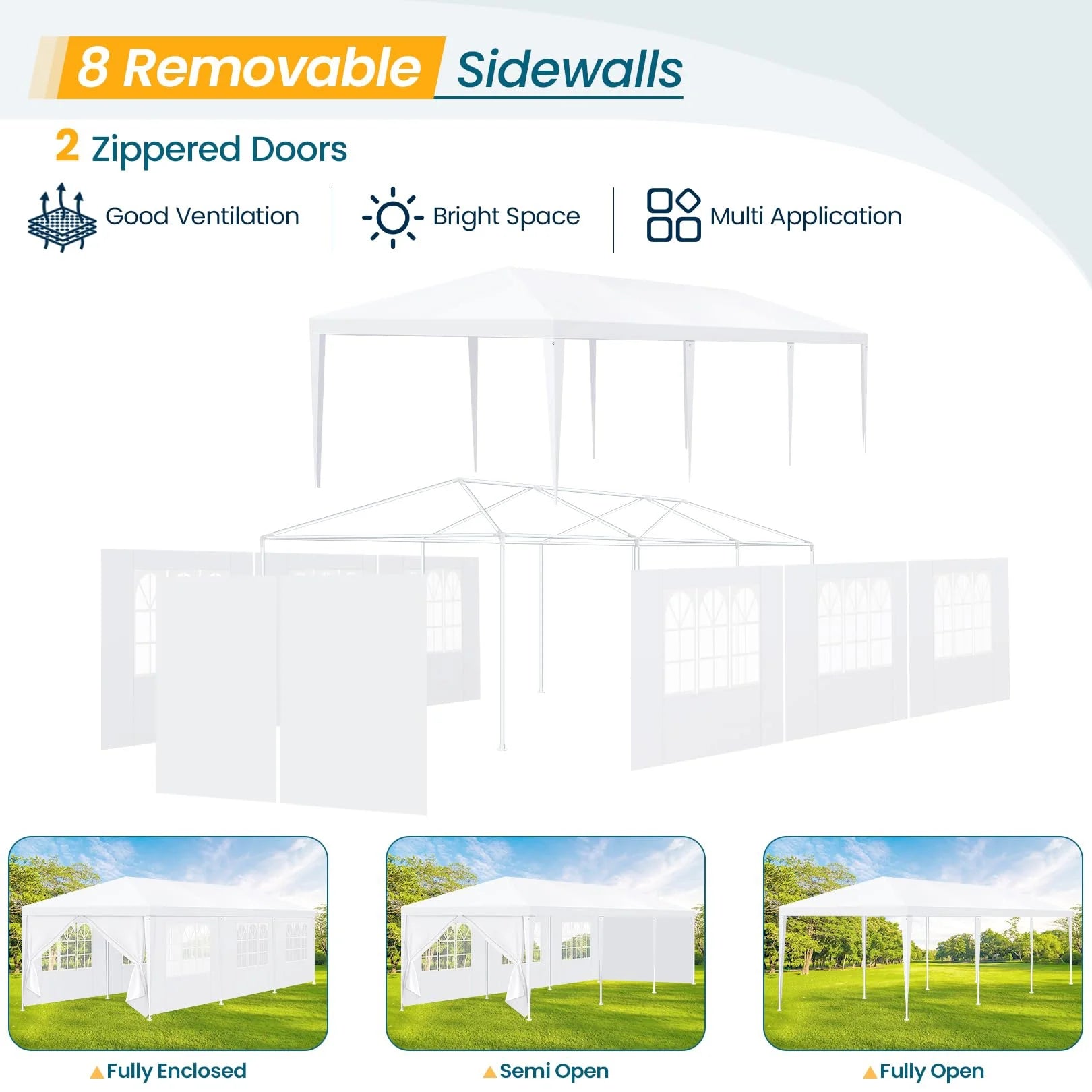 Hoteel Party Tent 10x20 Canopy Tents for Parties with 4 Removable Sidewalls, Patio Camping Gazebo, Portable Tent for Parties, Weddings, BBQ, Waterproof, White