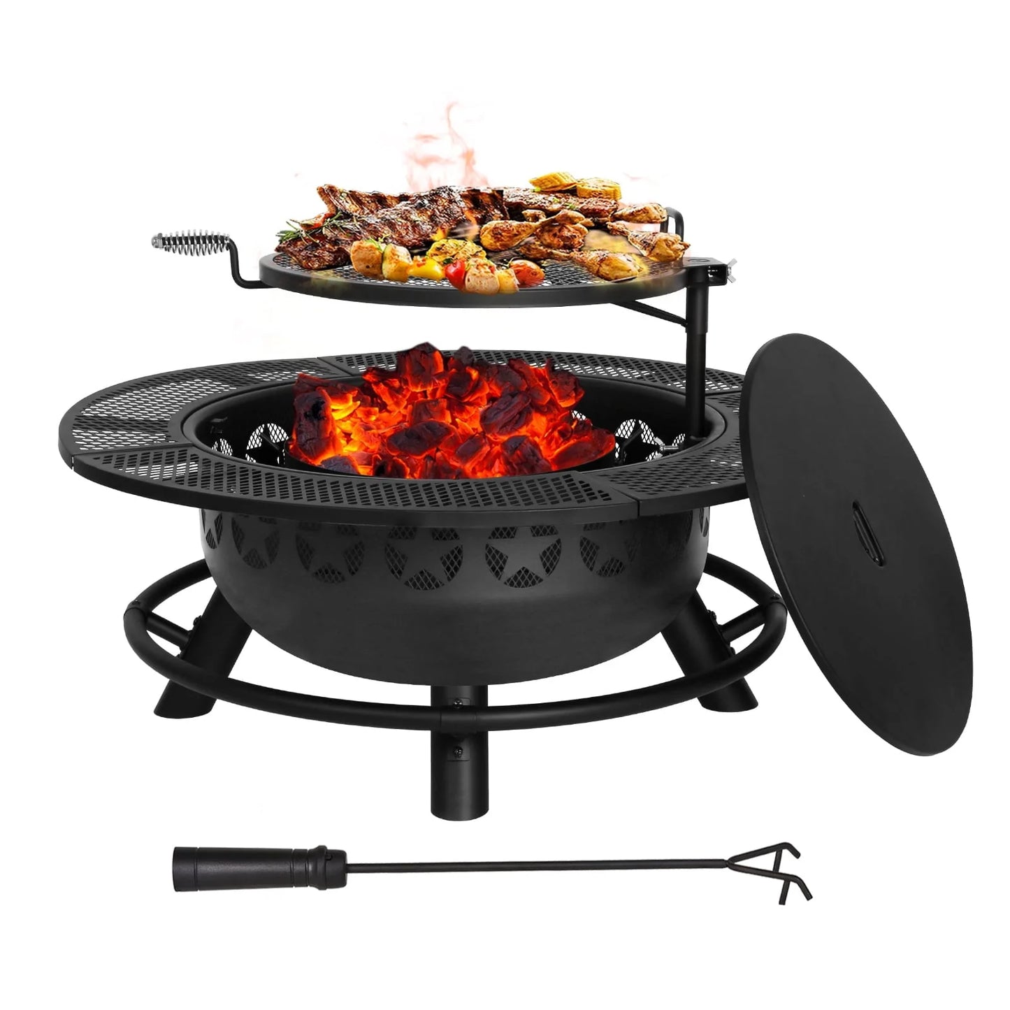 Hykolity 35 Inch Fire Pit with Cooking Grate & Charcoal Pan, Outdoor Wood Burning BBQ Grill Firepit Bowl with Cover Lid, Steel Round Table for Backyard Bonfire Patio Picnic
