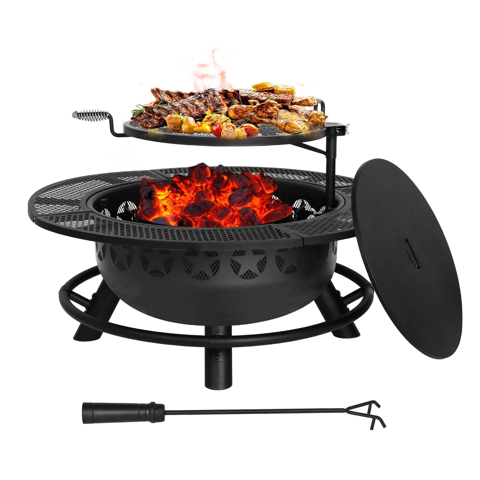 Hykolity 35 Inch Fire Pit with Cooking Grate & Charcoal Pan, Outdoor Wood Burning BBQ Grill Firepit Bowl with Cover Lid, Steel Round Table for Backyard Bonfire Patio Picnic