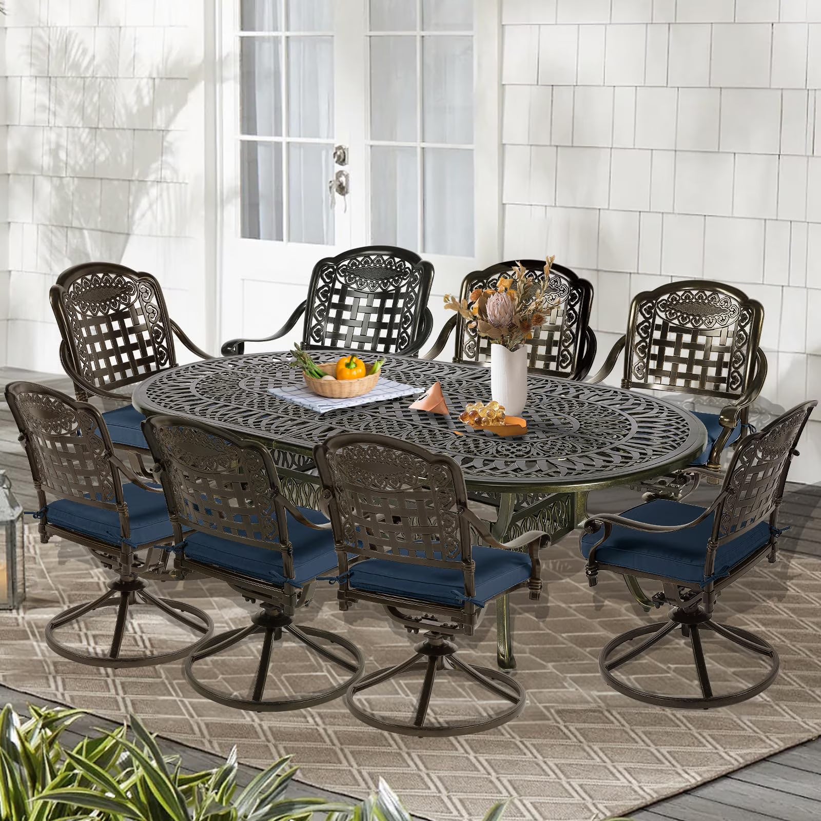 9-Piece Patio Cast Aluminum Dining Set, 8 Person Outdoor Dining Furniture Set, includes 84" Oval Table and 8 Swivel Dining Chairs with Umbrella Hole for Patio Deck Garden, Tan