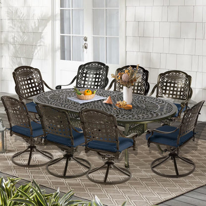 9-Piece Patio Cast Aluminum Dining Set, 8 Person Outdoor Dining Furniture Set, includes 84" Oval Table and 8 Swivel Dining Chairs with Umbrella Hole for Patio Deck Garden, Tan