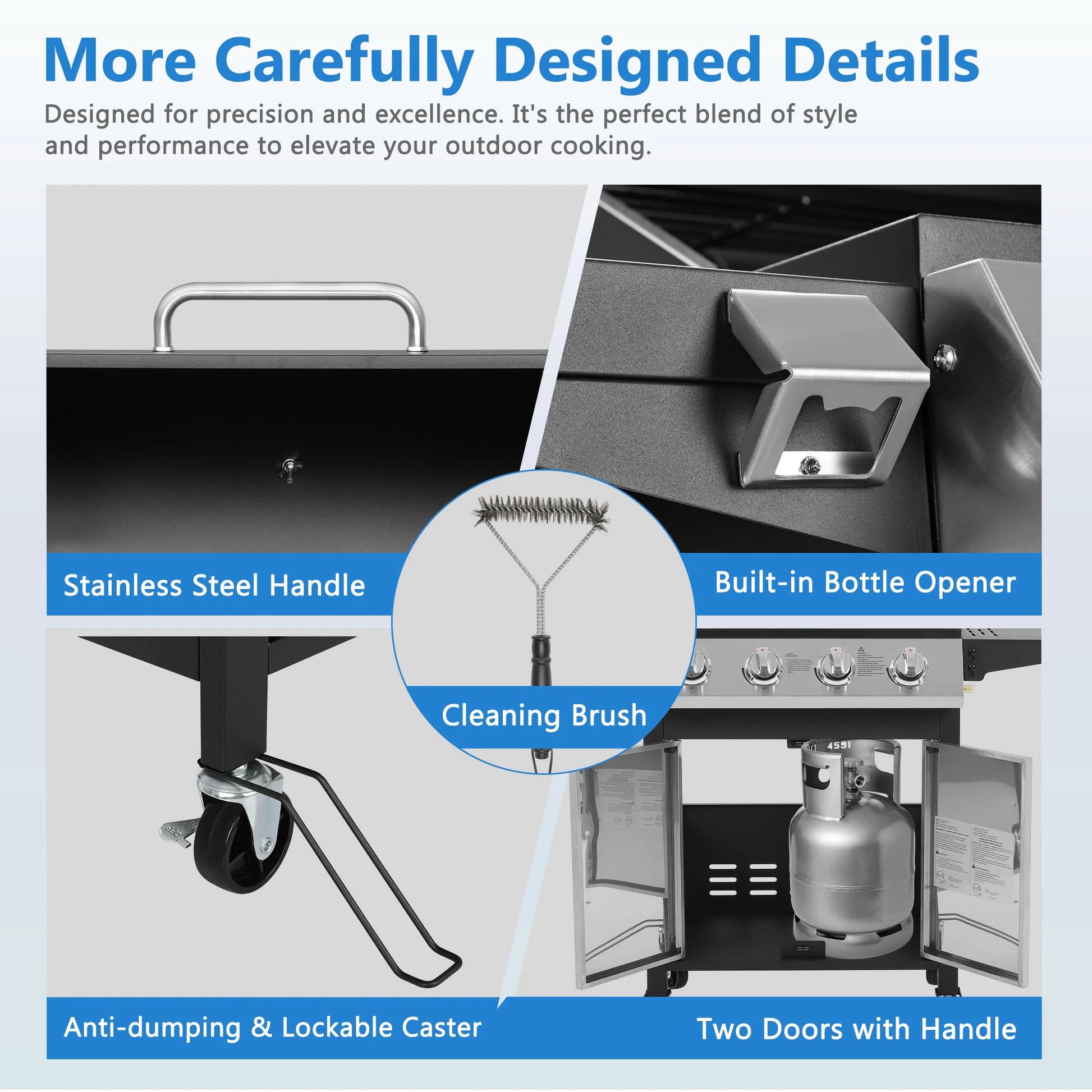 SEGMART 4 Burner BBQ Propane Gas Grill, Stainless Steel 40,000 BTU Patio Garden Barbecue Grill with Folding Side Tables, Cleaning Brush & Thermometer, Perfect for Camping, Outdoor Cooking