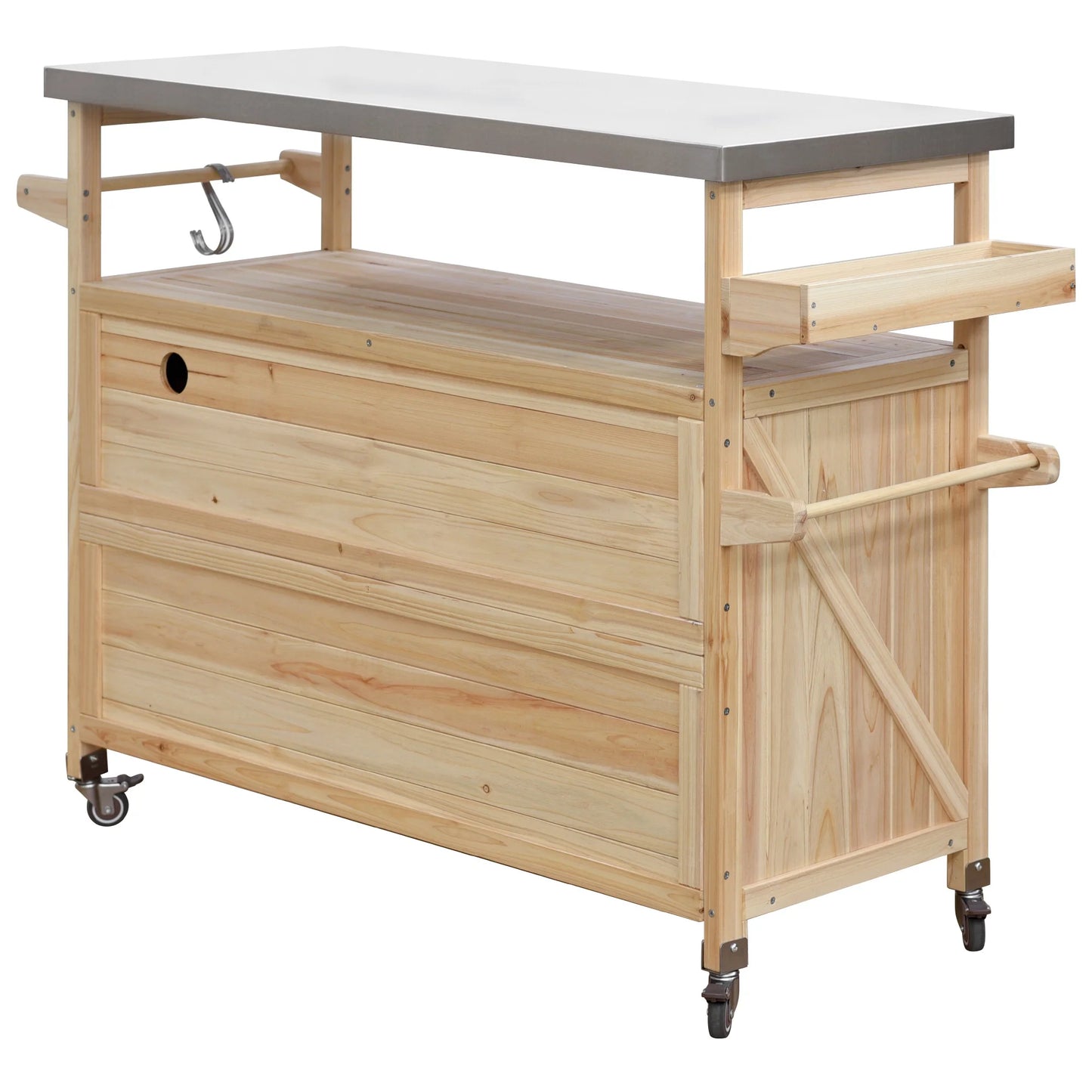 Bellemave Outdoor Serving Cart Kitchen Island Solid Wood Mobile Rolling Bar Cart with Lockable Wheels, Rack and Stainless Steel Top Beverage Storage Counter Table with Cabinet for Patio, Natural