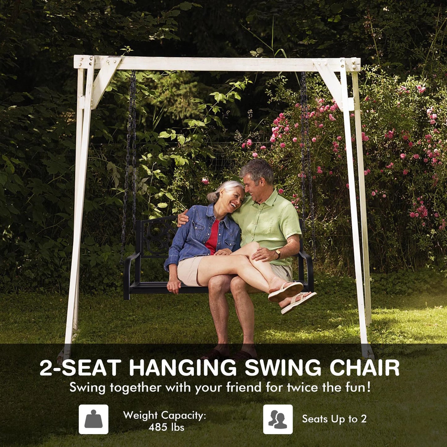 Gymax Patio Hanging Porch Swing 2-Person Outdoor Metal Swing Bench Chair w/Chains Brown