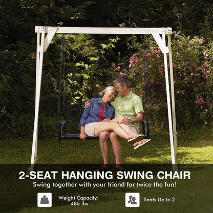 Gymax Patio Hanging Porch Swing 2-Person Outdoor Metal Swing Bench Chair w/Chains Brown