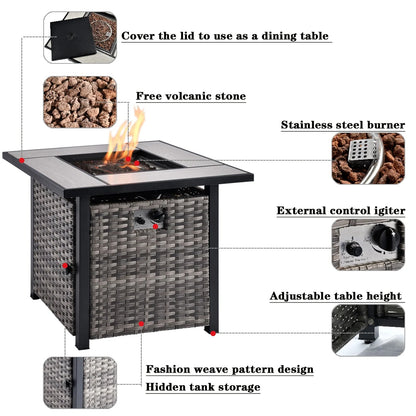 Ovios 6 Pieces Outdoor Patio Furniture with 30 inch Fire Pit Table All Weather Wicker Conversation Set with 360° Swivel Chair for Porch