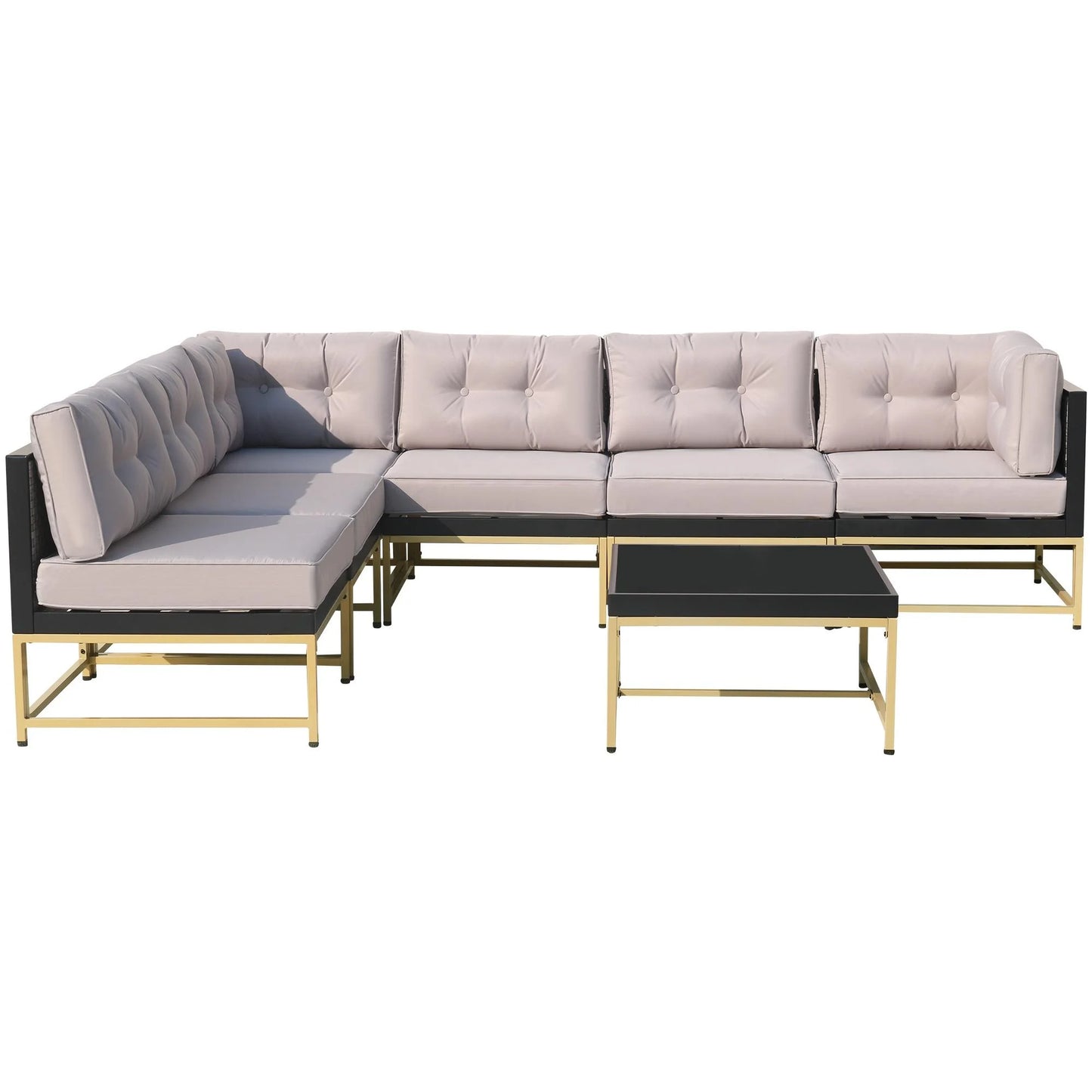 Patio Outdoor Furniture Sets, 7 Pieces All-Weather Rattan Sectional Sofa with Tea Table and Cushions, PE Rattan Wicker Sofa Couch Conversation Set for Garden Backyard Poolside