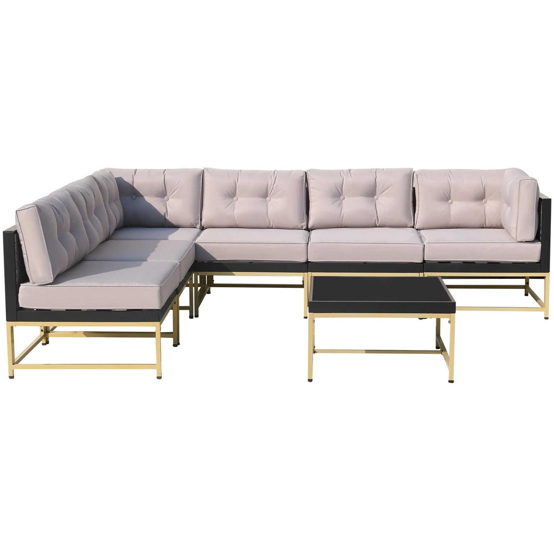 Patio Outdoor Furniture Sets, 7 Pieces All-Weather Rattan Sectional Sofa with Tea Table and Cushions, PE Rattan Wicker Sofa Couch Conversation Set for Garden Backyard Poolside