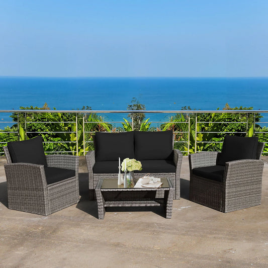 Costway 4PCS Patio Rattan Furniture Set Sofa Table Storage Shelf Black Cushion
