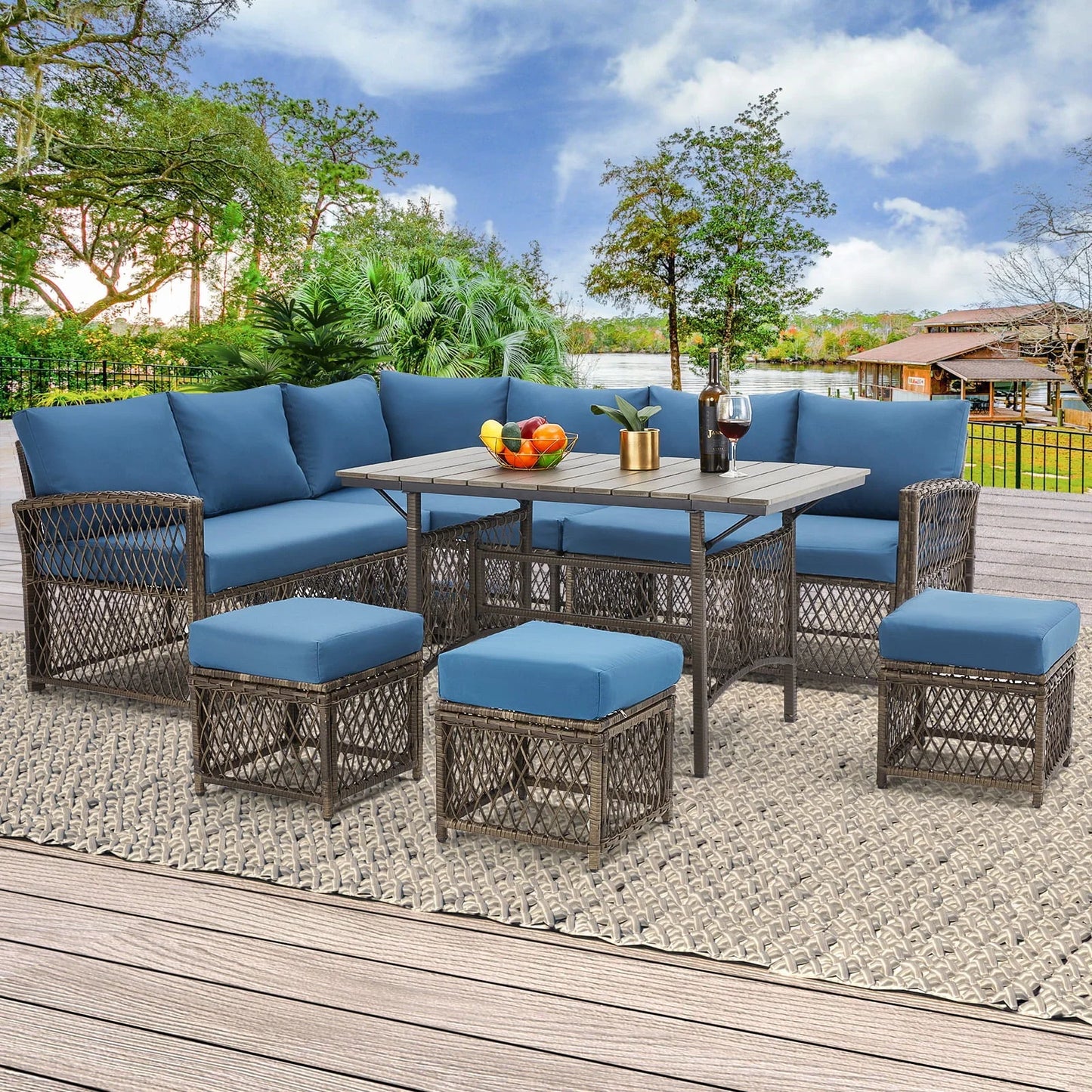 AECOJOY Outdoor Furniture Set, 7-Piece Rattan Wicker Sectional Sofa Couch, Patio Conversation Set with Dining Table & Chair in Navy