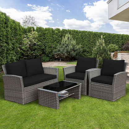 Costway 4PCS Patio Rattan Furniture Set Sofa Table Storage Shelf Black Cushion