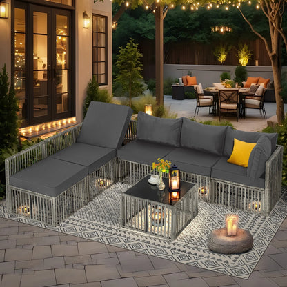 7 Pieces Outdoor Patio Furniture Set, Wicker Outdoor Sectional Conversation Couch Set with Adjustable Backrest Sofa, Cushions & Coffee Table for Outside,Garden,Deck,Gray Wicker/Gray Cushions