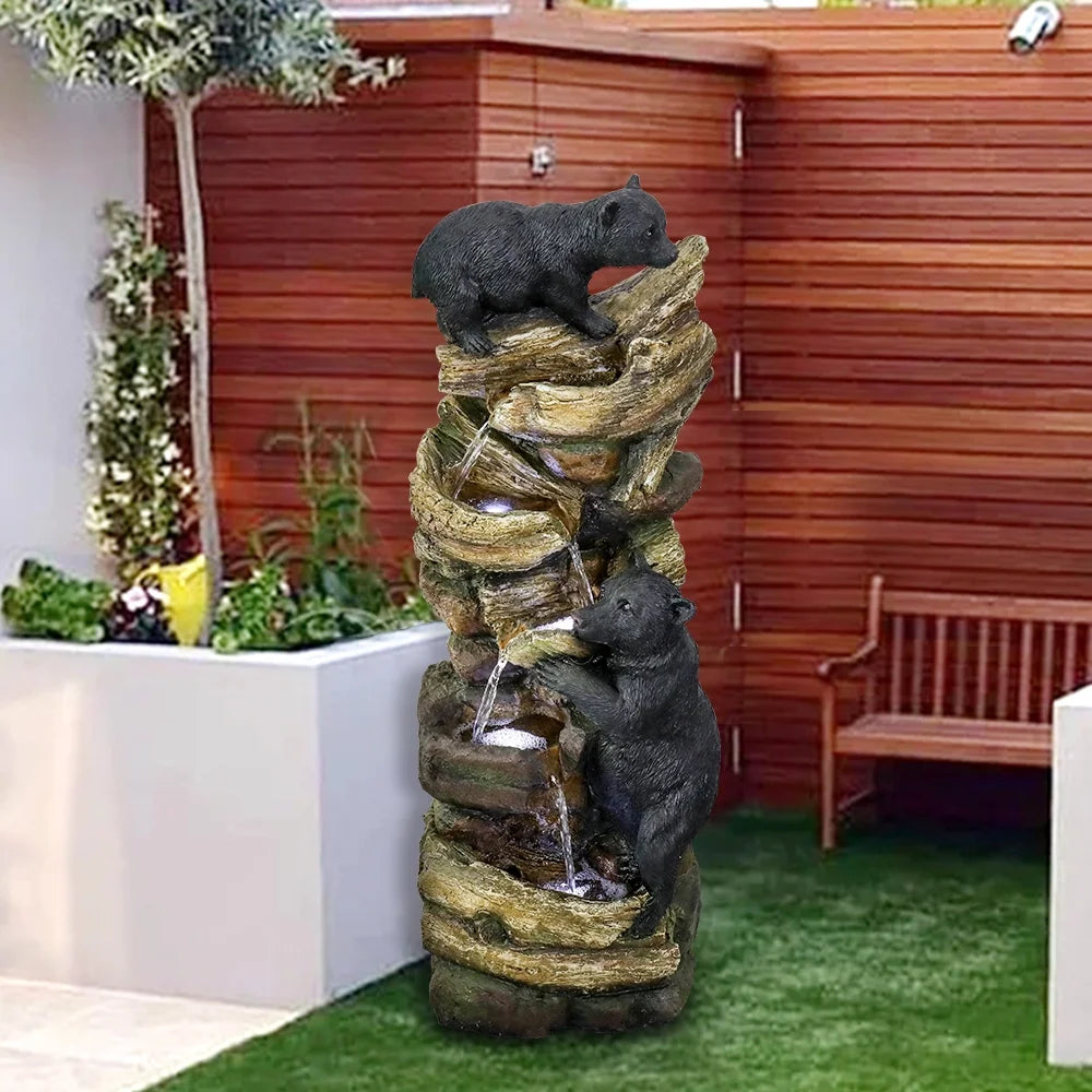 39.3in Tall Outdoor Water Fountain Resin Bear Patio Waterfall Fountain for Garden, Deck, Patio, Porch, Yard and Home Art Decor
