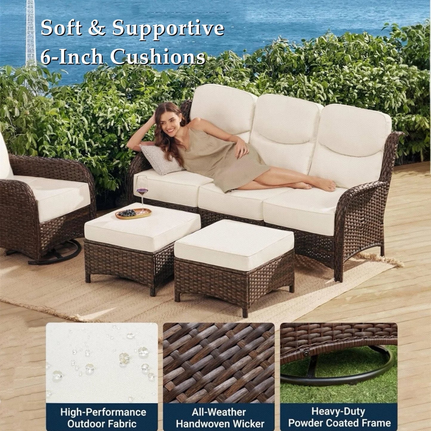 Bellefurn Luxury Outdoor Patio Furniture Set,Swivel Rocker Patio Chairs with 6-inch Thick Cushion,Patio Sofa and Glass Coffee Table,Outdoor Conversation Set for Porch, Deck, Yard