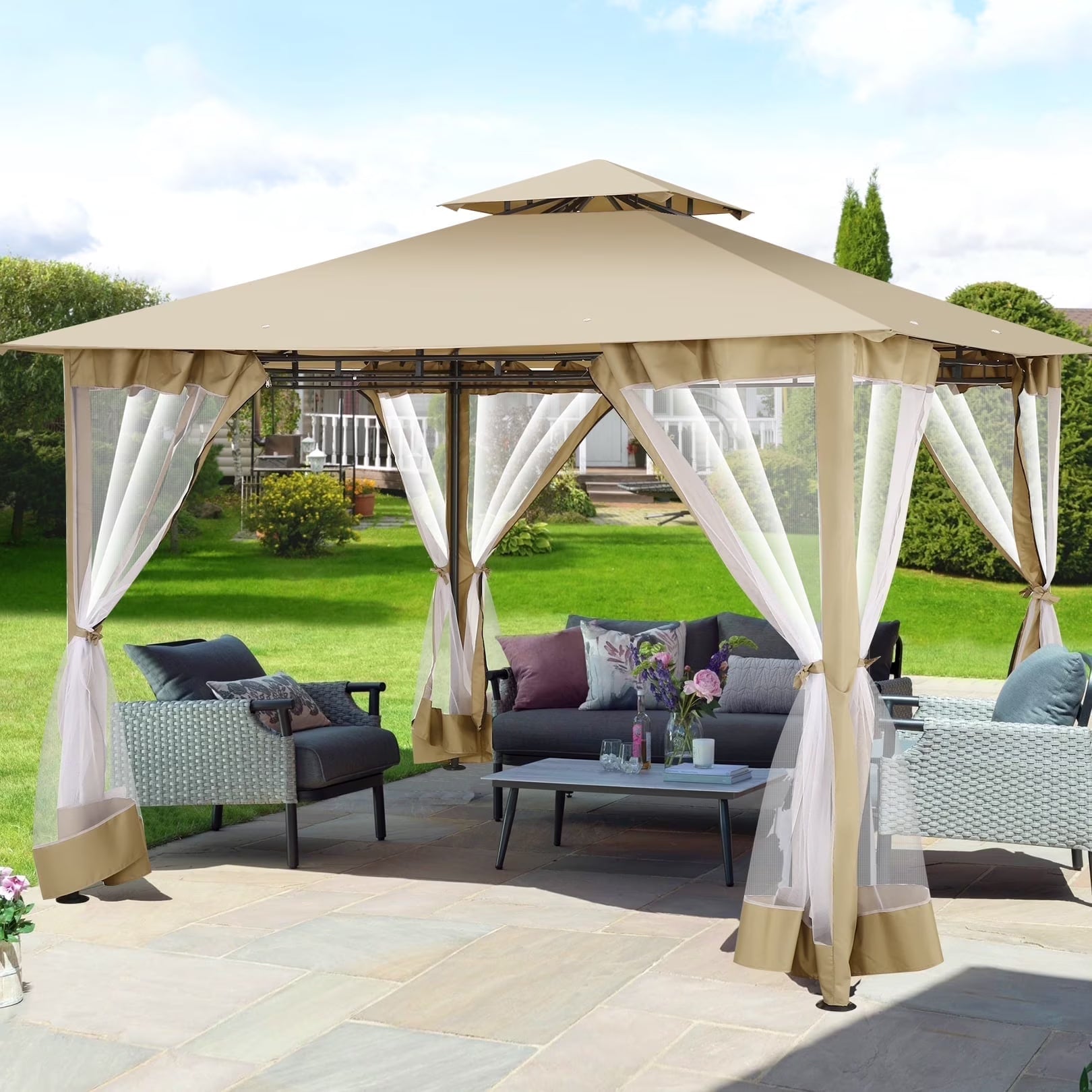 SANOPY 10' x 10' Gazebos for Patios, Gazebo Canopy with 4 Mosquito Netting, Rainproof & Sunscreen Shelter Tent with Double Eaves for Garden Backyard and Deck