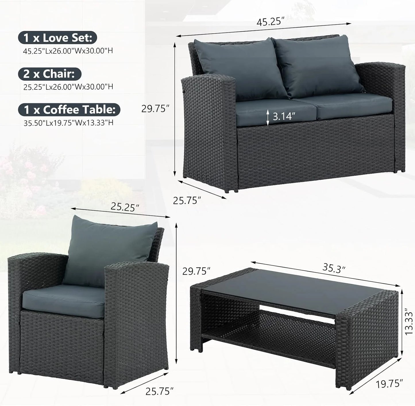 HighSound 4 Piece Patio Furniture Set, Outdoor Wicker Patio Sectional Sofa, All Weather PE Rattan Outdoor Sectional with Cushions & Coffee Table, Dark Gray