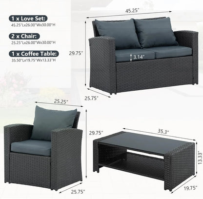 HighSound 4 Piece Patio Furniture Set, Outdoor Wicker Patio Sectional Sofa, All Weather PE Rattan Outdoor Sectional with Cushions & Coffee Table, Dark Gray