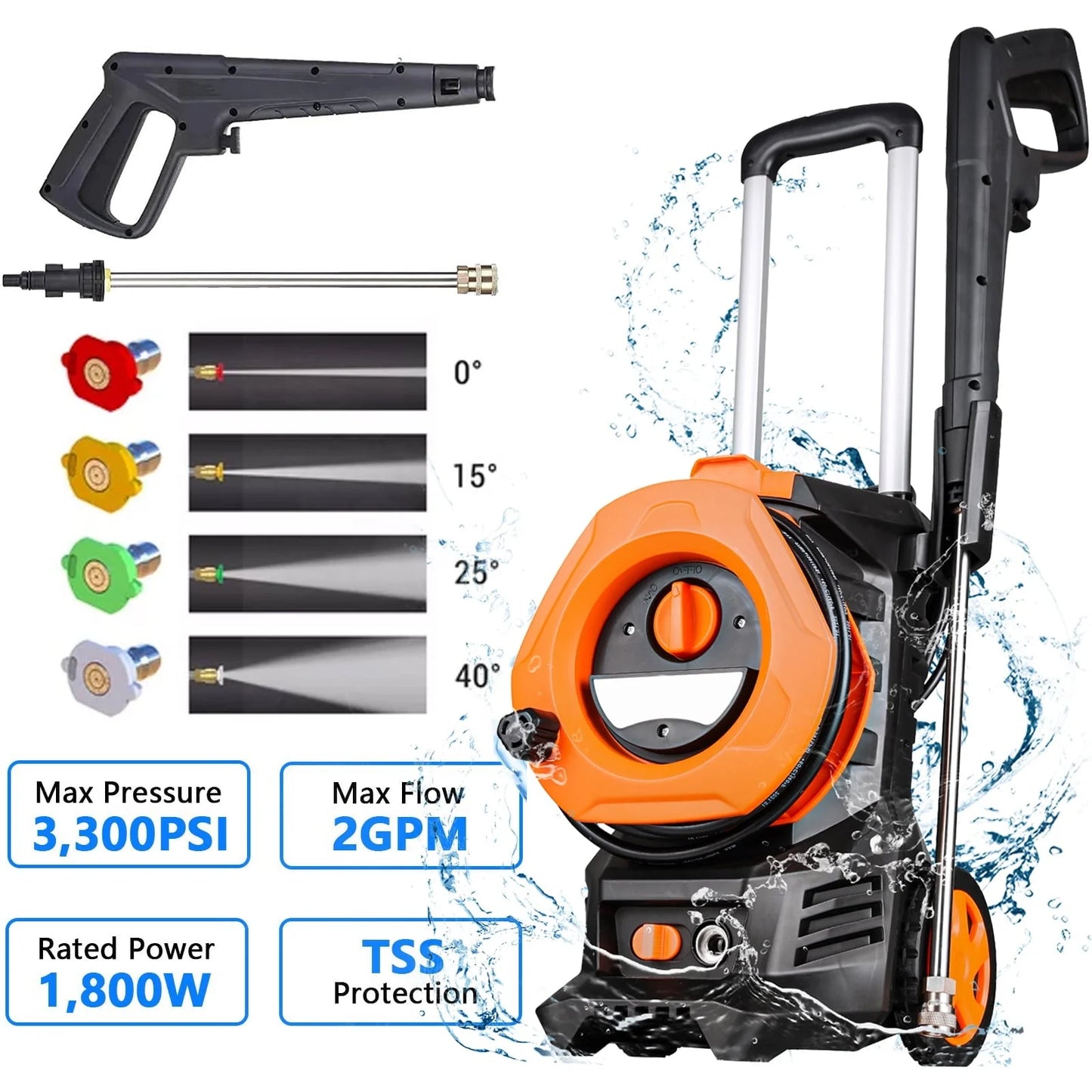 Vebreda 3300 PSI Electric Pressure Washer for Cars Homes Driveways Patios Orange