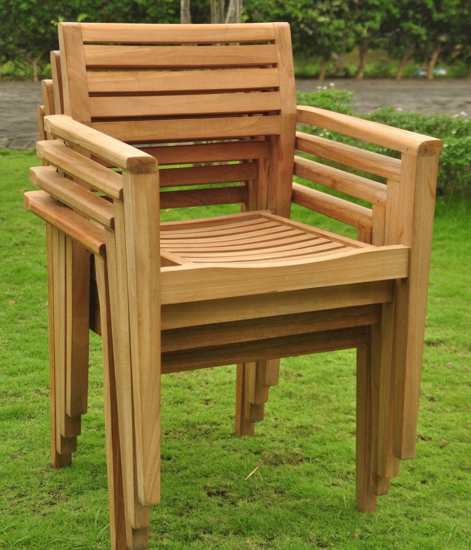 Teak Dining Set: 8 Seater 7 Pc: 117" Oval Table & 8 Montana Stacking Arm Chairs Outdoor Patio Grade-A Teak Wood WholesaleTeak #WMDSMTd