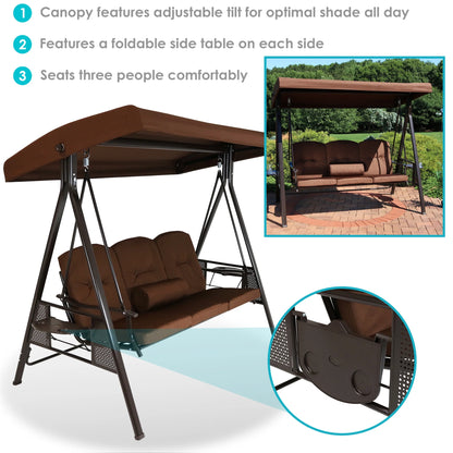 Sunnydaze Steel 3-Person Patio Swing with Adjustable Tilt Canopy and Cushions, Brown