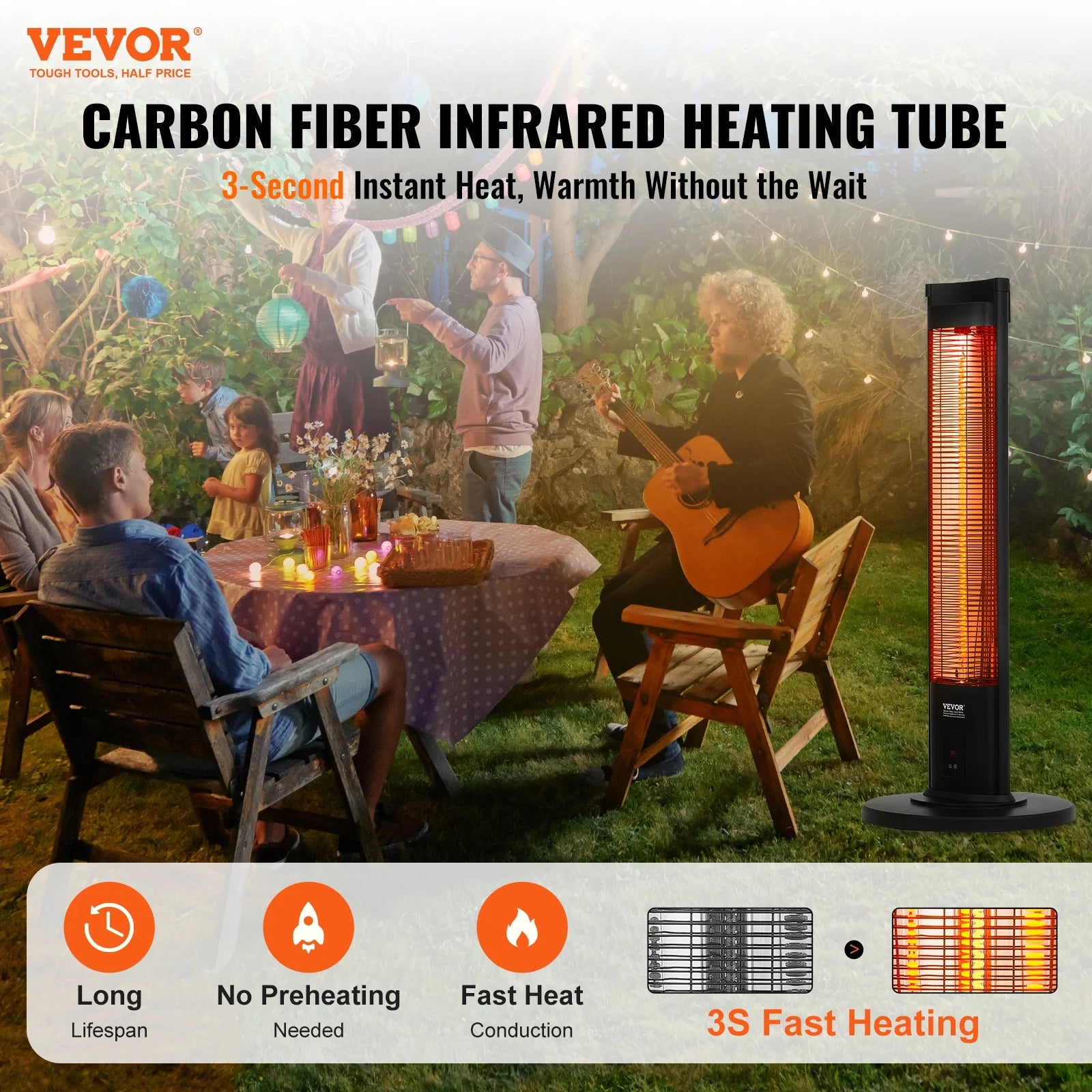 VEVOR Infrared Heater, 1500W Remote Control Electric Space Heater, Patio Heater w/3 Speeds & Timer & Tip-Over Protection, Outdoor/Outdoor for Bedroom,Studio,Porch,Dining Room,Studio, Stand,40in L