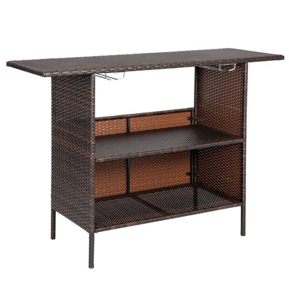 UBesGoo Outdoor Patio Rattan Wicker Bar Counter Table with 2 Storage Shelves