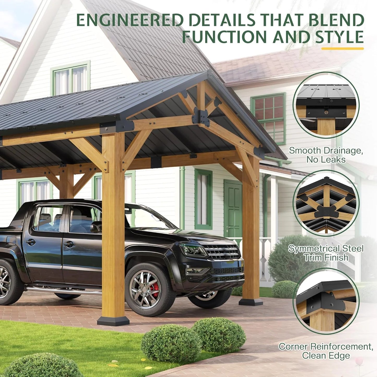 Jocisland 12'x24' Cedar Wood Hardtop Gazebo with Waterproof Outdoor Carport Pavilion,Steel Roof,Heavy-Duty Snow & Wind Resistant Canopy for Patio, Driveway, Garden