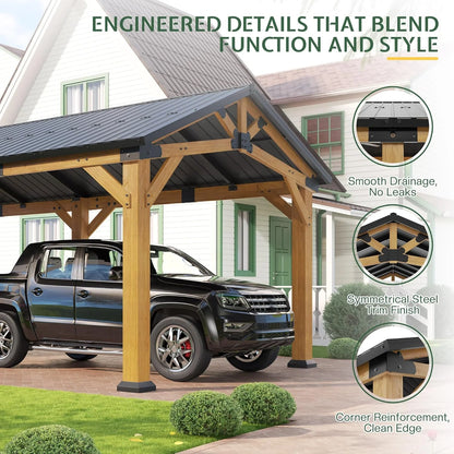 Jocisland 12'x24' Cedar Wood Hardtop Gazebo with Waterproof Outdoor Carport Pavilion,Steel Roof,Heavy-Duty Snow & Wind Resistant Canopy for Patio, Driveway, Garden