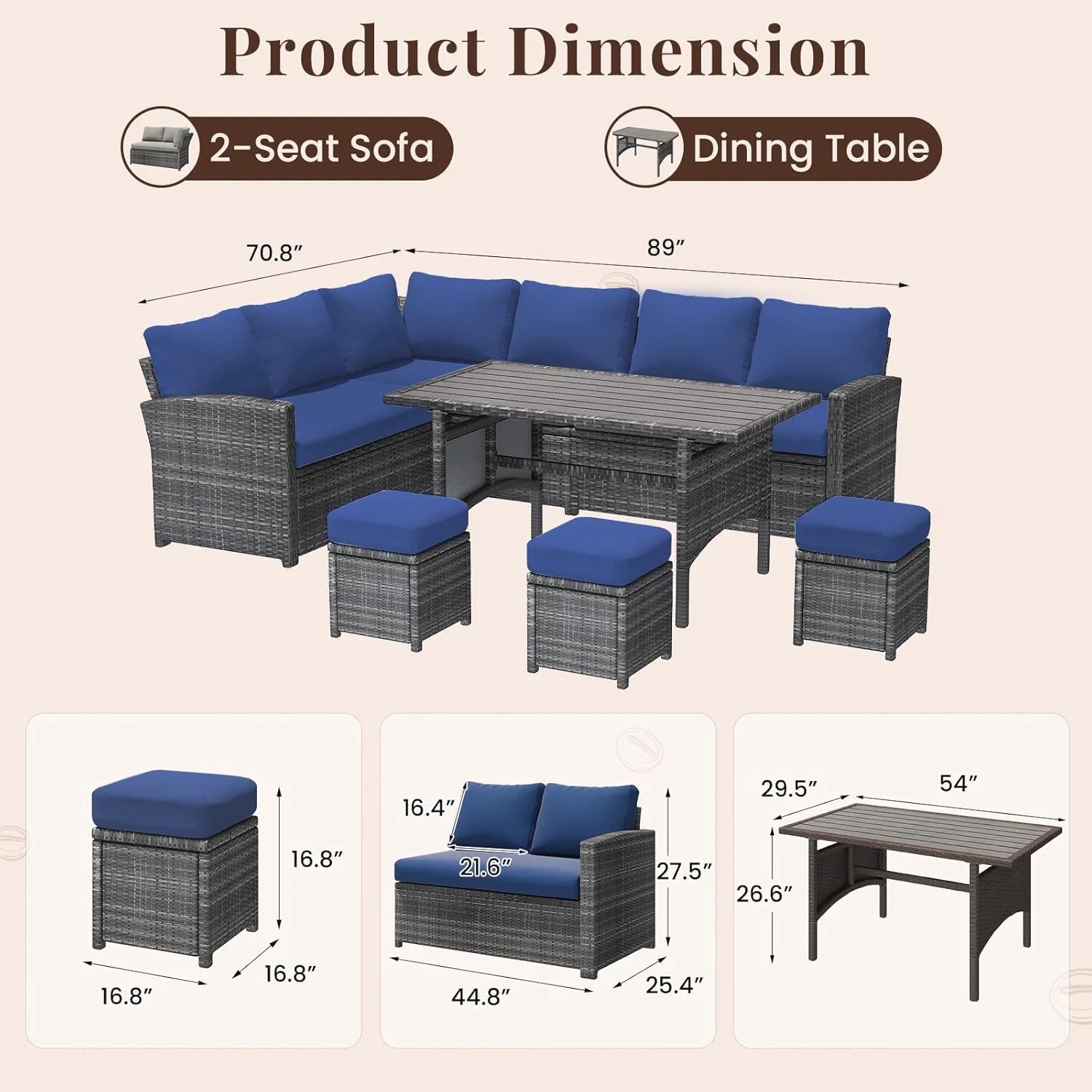 AECOJOY 7 Piece Patio Furniture Set PE Rattan Outdoor Dining Set Sectional Sofa Couch with Table Patio Conversation Set in Dark Blue