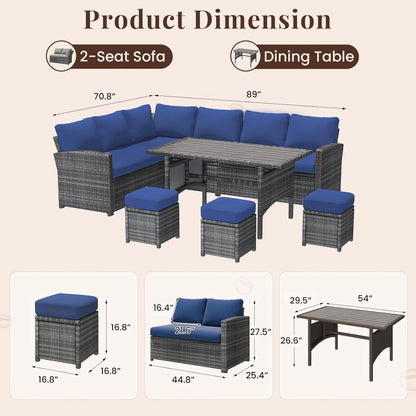 AECOJOY 7 Piece Patio Furniture Set PE Rattan Outdoor Dining Set Sectional Sofa Couch with Table Patio Conversation Set in Dark Blue