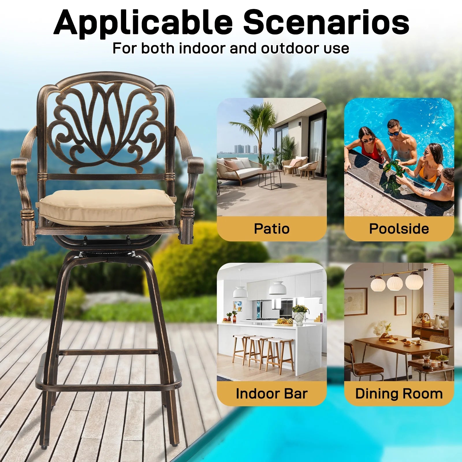 Ktaxon 2Pcs Outdoor Swivel Bar Stools, Weather Resistant Patio Bar Height Chairs, Cast Aluminum Bar Dining Seatings for Pool Deck Balcony (Elizabethan Back)