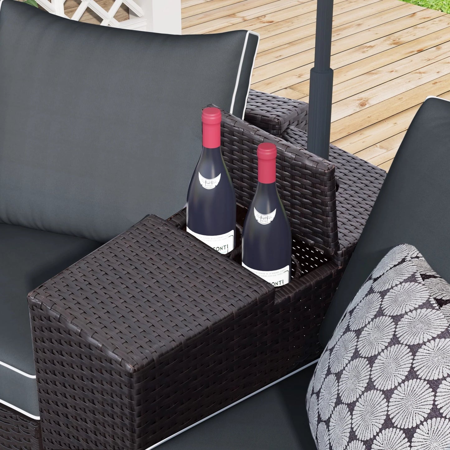 BTMWAY 6 Piece Outdoor Patio Sofa Furniture Set, BTMWAY PE Wicker Half Moon Outdoor Sectional Sofa Set with Side Table for Umbrella, Multifunctional Round Table, Gray Cushions, Pillows, Brown Rattan