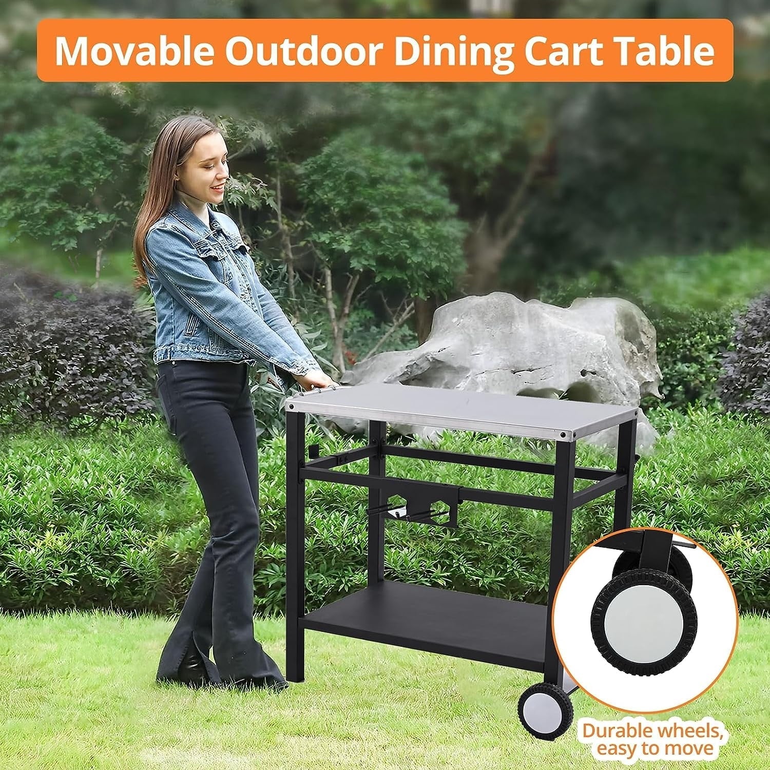 Outdoor Grill Cart Pizza Oven Stand, Stainless Steel Flattop Grill Cart, BBQ Prep Table with Wheels & Hooks, Side Handle, Tabletop Griddle Cooking Station for Bar, Patio, Camping, Home