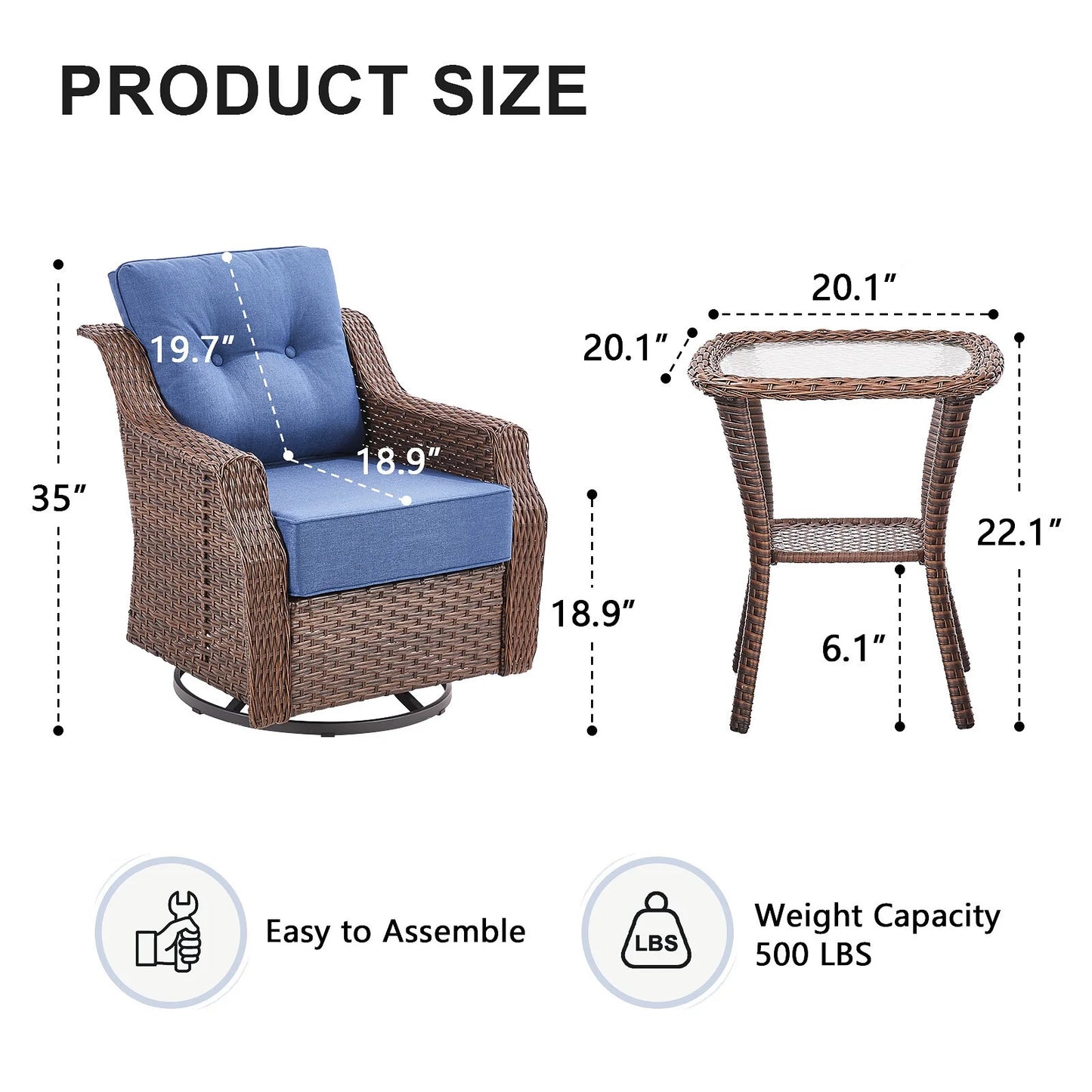 Bellefurn Outdoor Patio Furniture Set,Swivel Rocker Patio Chairs with 6" Thick Cushion and Side Table,Rattan Outdoor Conversation Set for Porch,Deck,Yard