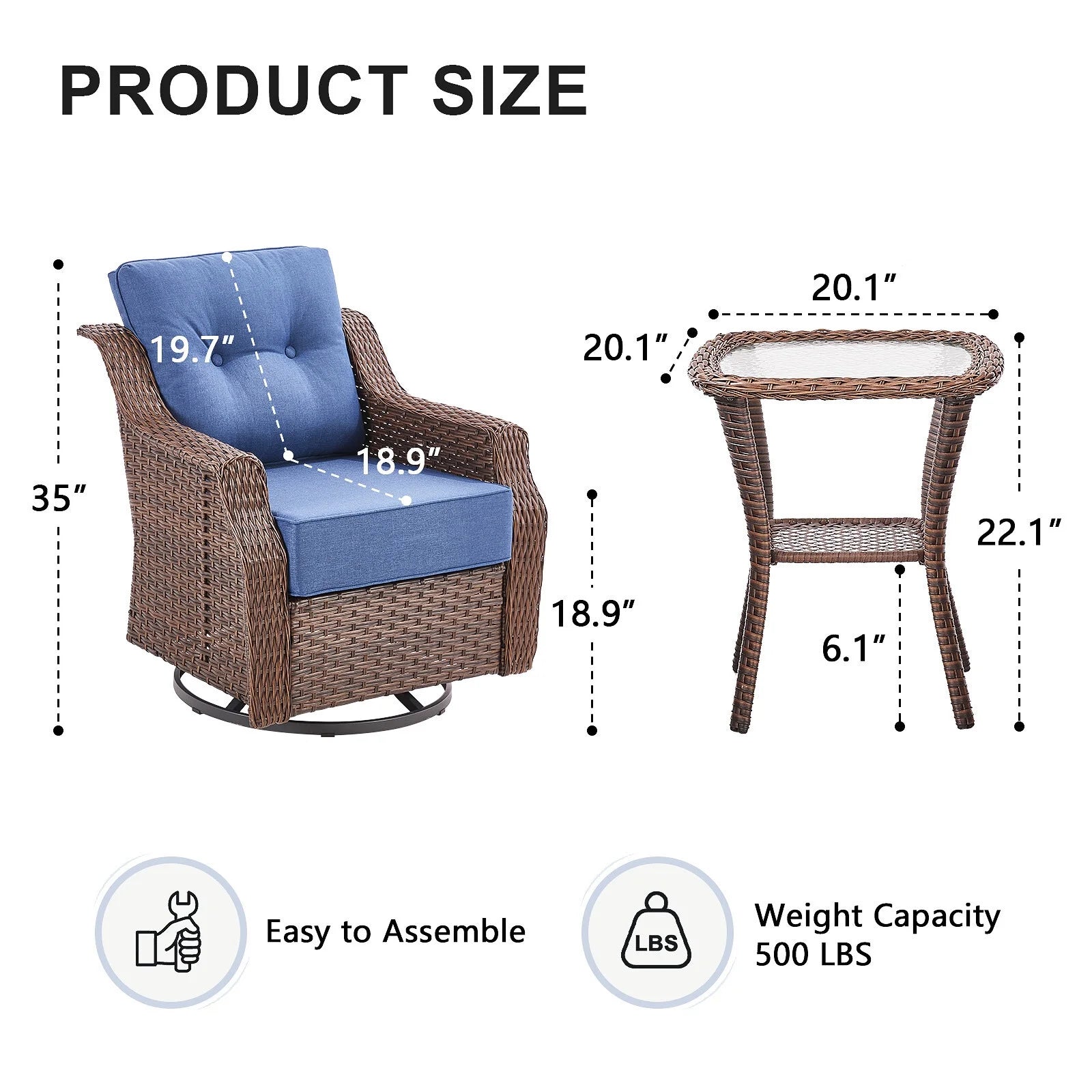 Bellefurn Outdoor Patio Furniture Set,Swivel Rocker Patio Chairs with 6" Thick Cushion and Side Table,Rattan Outdoor Conversation Set for Porch,Deck,Yard