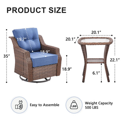 Bellefurn Outdoor Patio Furniture Set,Swivel Rocker Patio Chairs with 6" Thick Cushion and Side Table,Rattan Outdoor Conversation Set for Porch,Deck,Yard