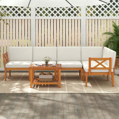 Kepooman Outdoor Conversation Sets,Patio Furniture Sets,6 Pieces Acacia Wood Patio Furniture Set with Cushions and 2-Tier Coffee Table-White