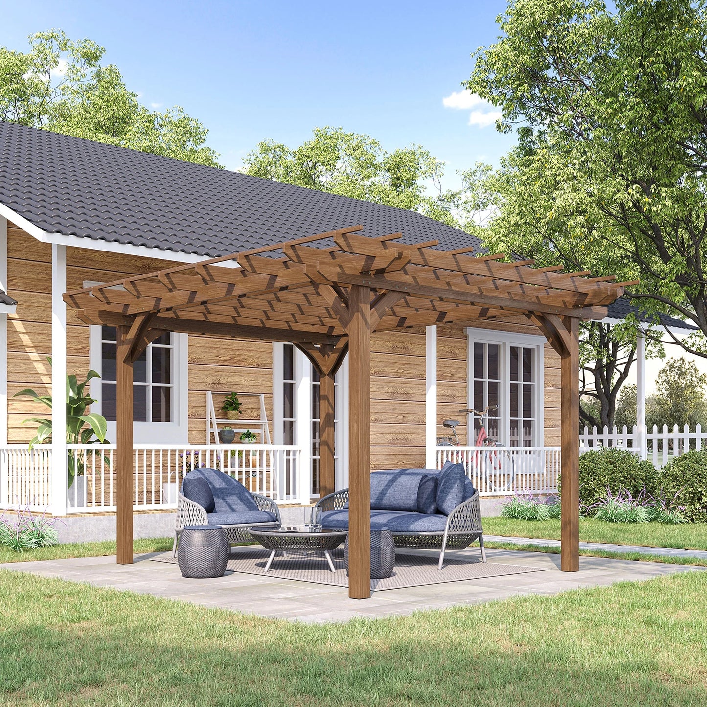 Outsunny 12' x 10' Wooden Pergola Grape Trellis, Outdoor Gazebo for Garden, Patio, Backyard, Deck, Gray