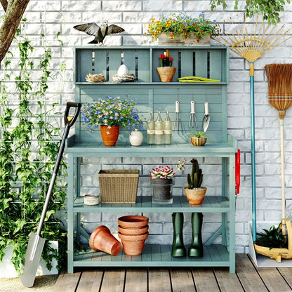 65" Outdoor Potting Bench Table, Farmhouse Wooden Garden Patio Workstation with 2 Upper Shelves, 2 Lower Shelves and 3 Side Hooks Multifunctional Work Bench Planting Table for Backyard Mudroom Natural