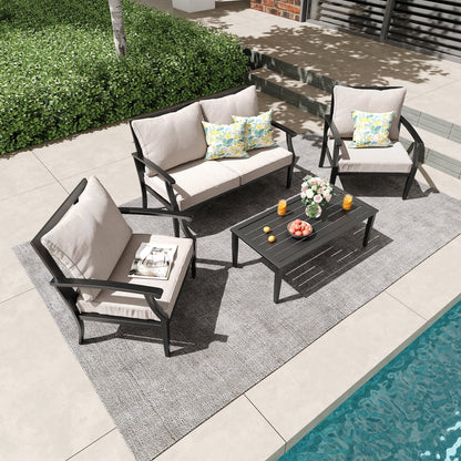 JOYURE 4 pieces Patio Furniture Set w/loveseat,Coffe Table,Outdoor Conversation Metal Sofa with High Back and Thick Cushion,for Backyard,Garden,Beige