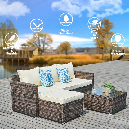 SUNTONE Patio Sectional Set - 3 Pieces Outdoor Conversation Set Wicker Rattan Outdoor Furniture Sofa with Table, Beige