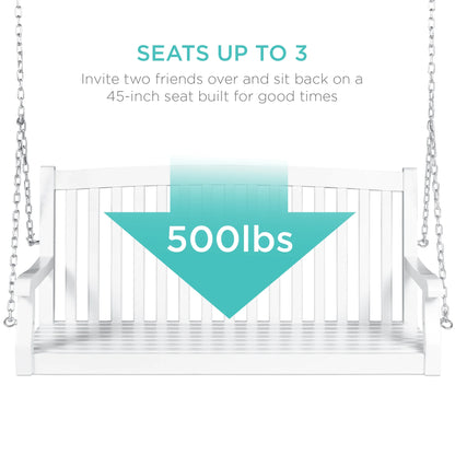 Best Choice Products 48in Wood Porch Swing Outdoor Patio Hanging Bench Chair w/Mounting Chains, 500lb Capacity - White