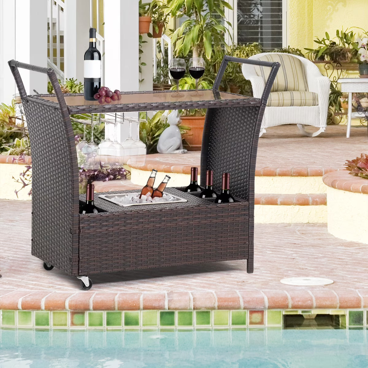 FHFO Outdoor Patio Wicker Bar, Rattan Counter Table with 2 Storage Shelves, 2 Steel Shelves for Backyard, Poolside, Garden