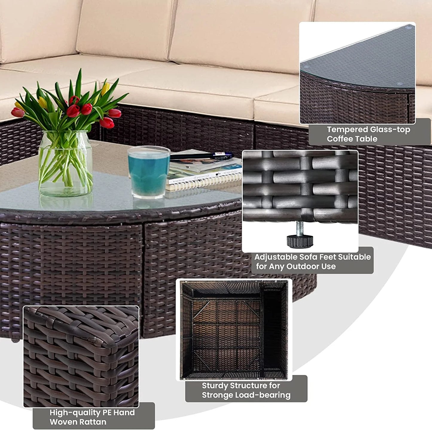 SOLAURA 6-Piece Patio Furniture Outdoor Conversation Set Patio All-Weather Wicker Sectional Sofa with Glass Coffee Table and Brown Cushions